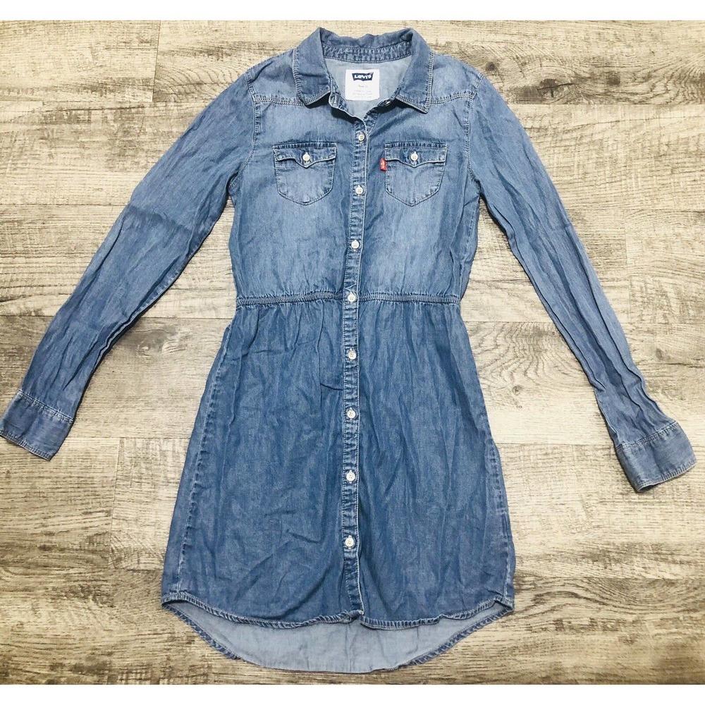 LEVI'S GIRL'S DENIM Dress Sz 12 BUTTON UP Jeans LONG SLEEVE Elastic Waist C30